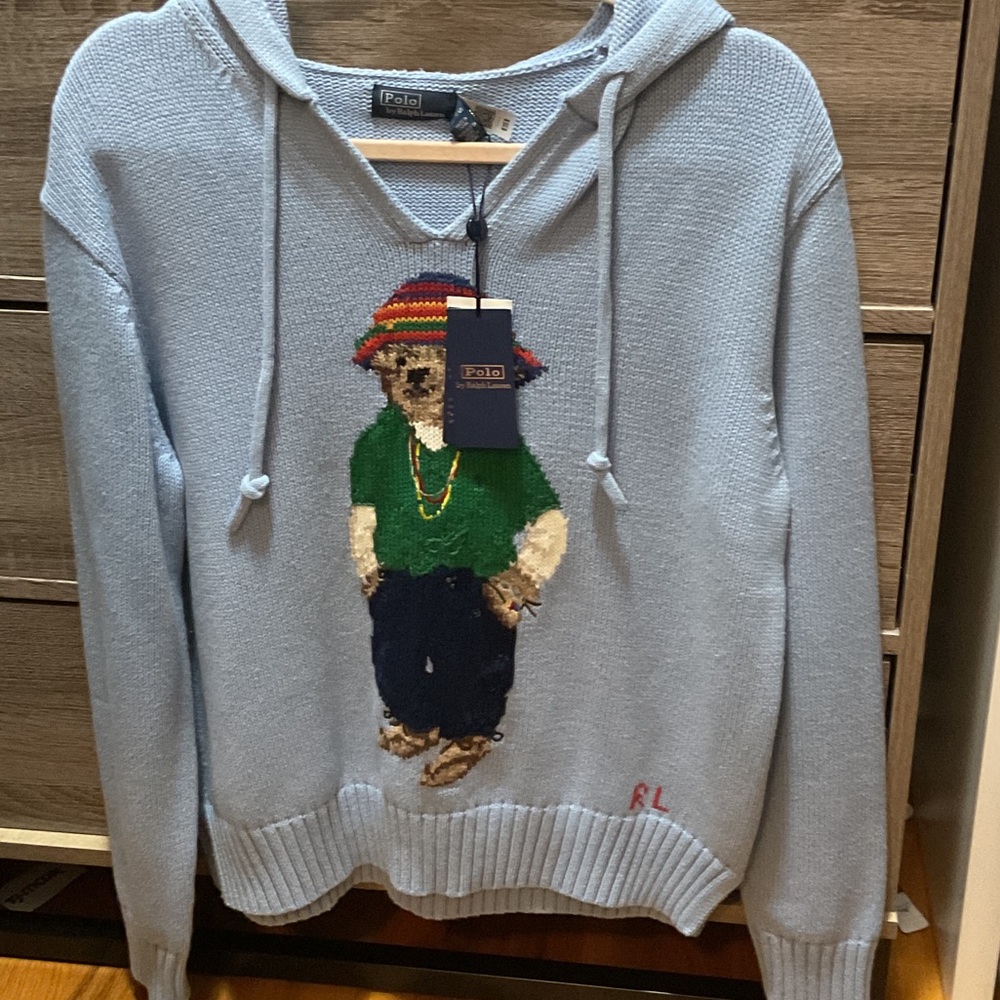 Polo by Ralph Lauren Light Blue V-Neck Sweater with Bear Design